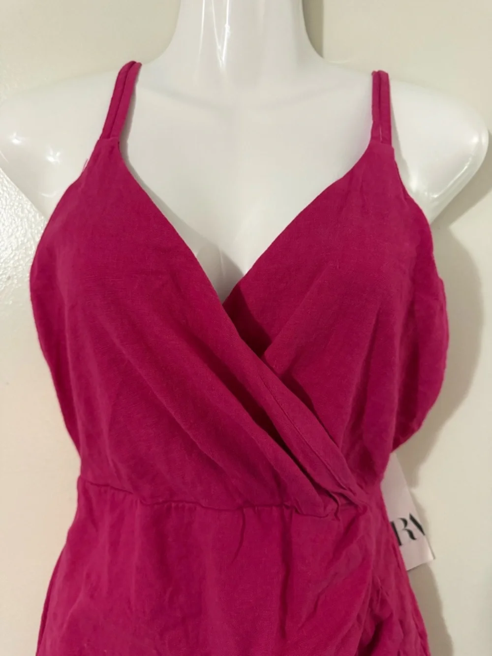 Zara Fuchsia Pink Ruched Wrap Mini Dress Linen Blend Strappy V Neck NWT Medium - Picture 3 of 16